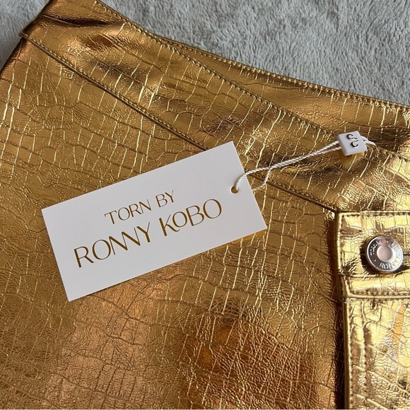 NWT Torn By Ronny Kobo Donnie Asymmetric Faux Leather Metallic Mini Skirt Gold - Picture 5 of 14